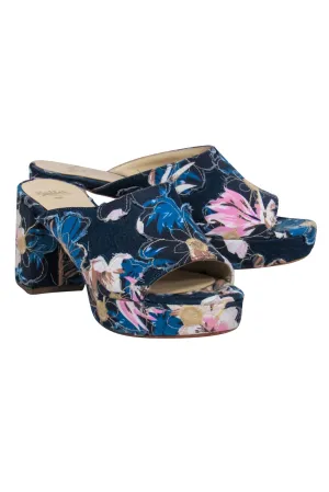 Butter - Dark Wash Denim Peep Toe Mule Pumps w/ Floral Appliques Sz 8