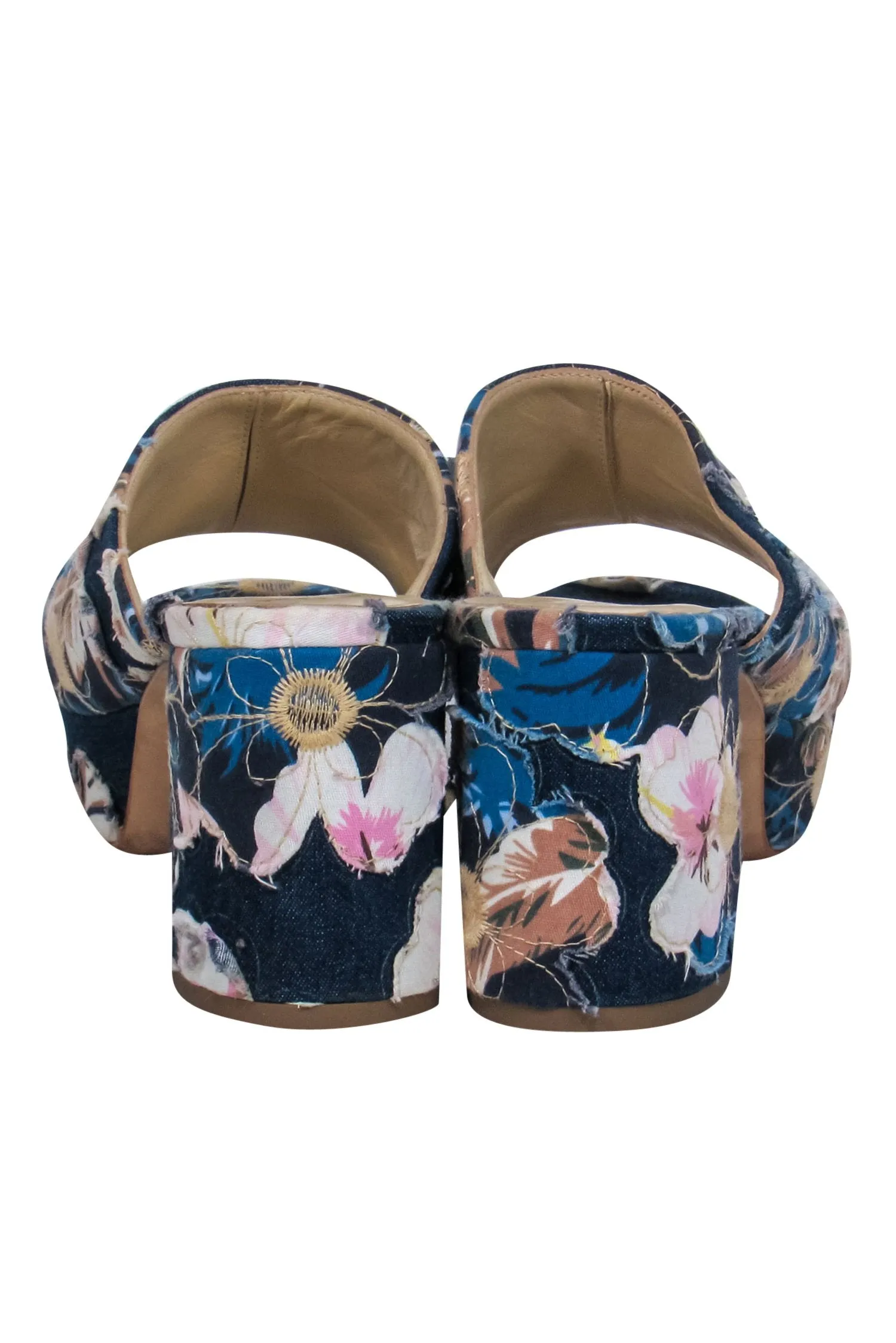 Butter - Dark Wash Denim Peep Toe Mule Pumps w/ Floral Appliques Sz 8