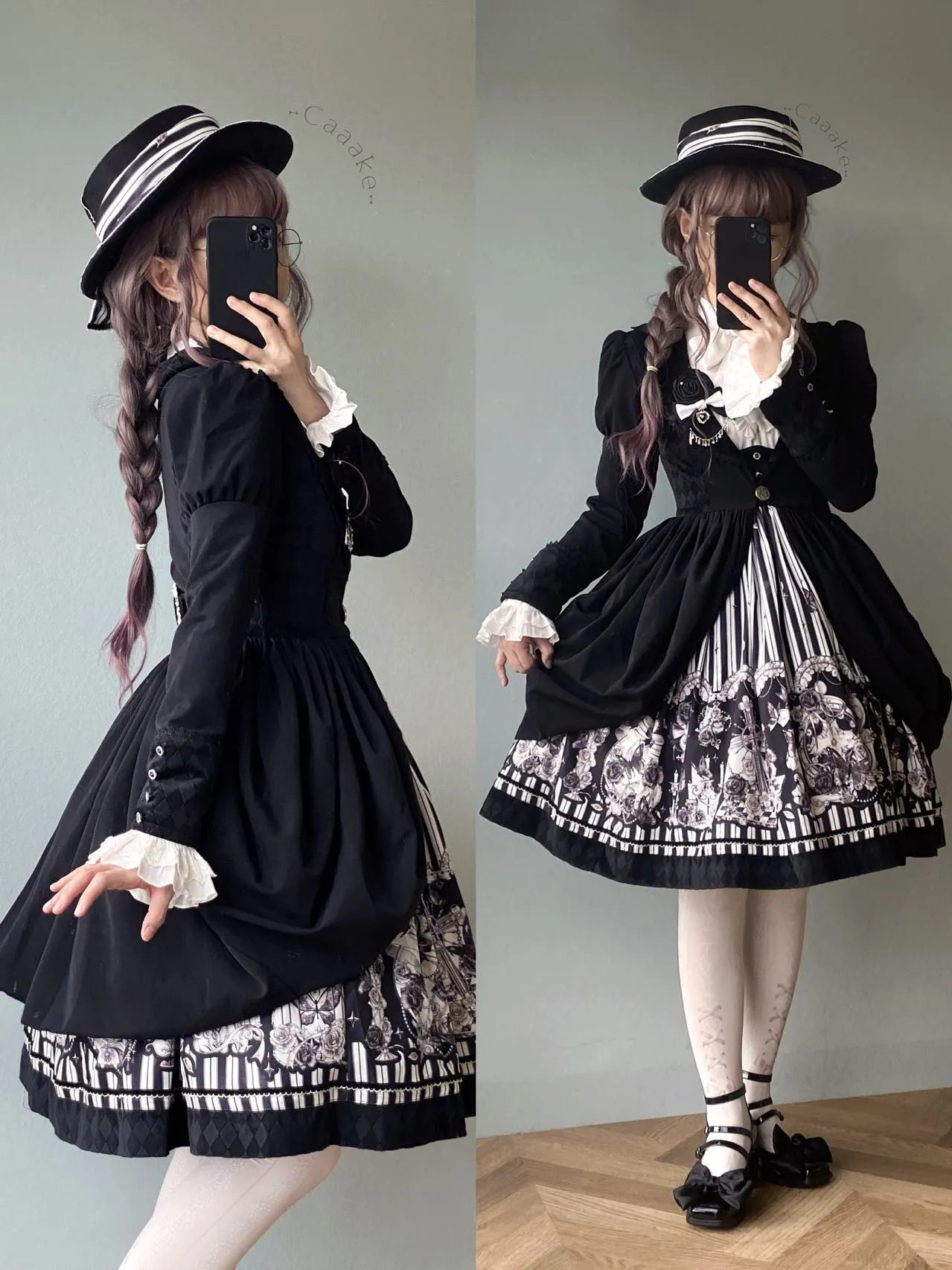 (Buyforme)Little Bear~Gothic Lolita Black and White Striped JSK Set