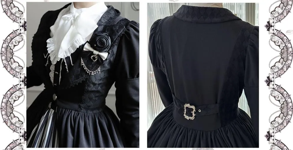 (Buyforme)Little Bear~Gothic Lolita Black and White Striped JSK Set