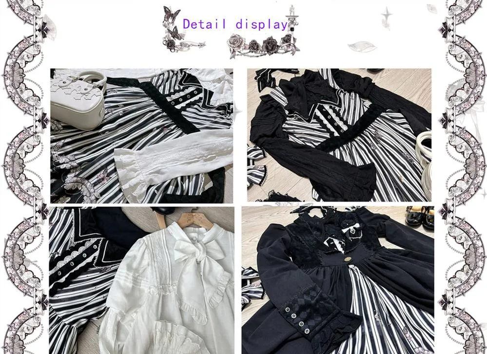 (Buyforme)Little Bear~Gothic Lolita Black and White Striped JSK Set