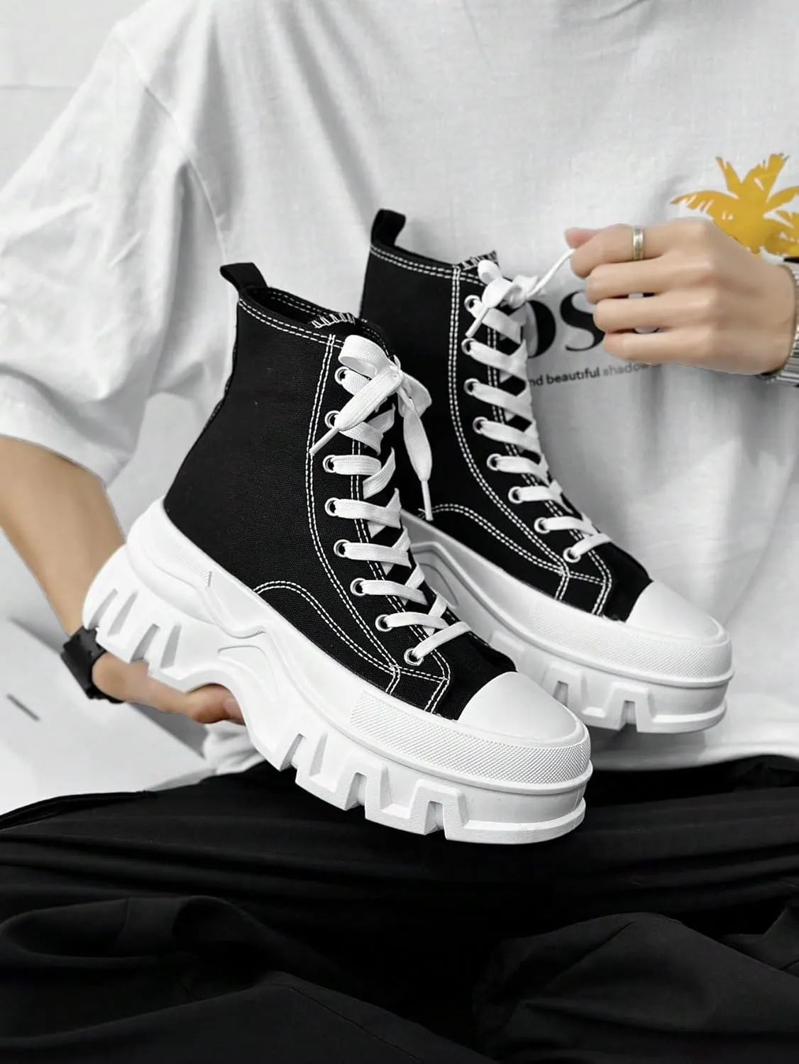 Canvas Unisex Casual High Top Sneakers Comfortable Lace Up Streetwear Shoes for Men Large Size Couple Shoes for Daily Wear and Urban Outfits