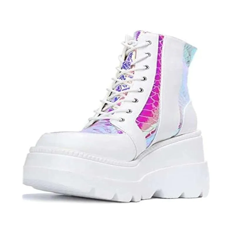 Cape Robbin Radio Holographic Platform Ankle Chunky Block Heels Boots White
