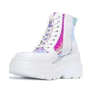 Cape Robbin Radio Holographic Platform Ankle Chunky Block Heels Boots White