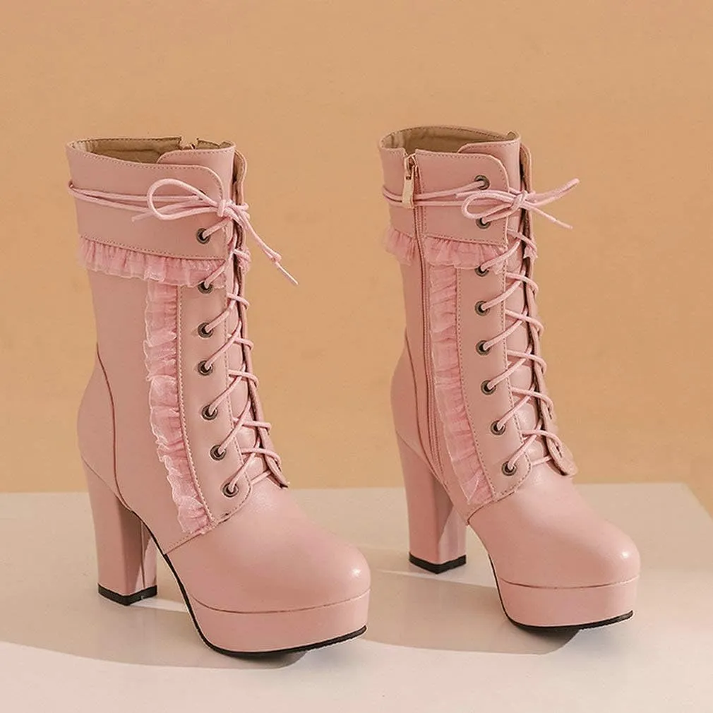 Caradise Womens Lace Up Platform Chunky Heeled Ankle Boots Sweet Lolita Cosplay Shoes