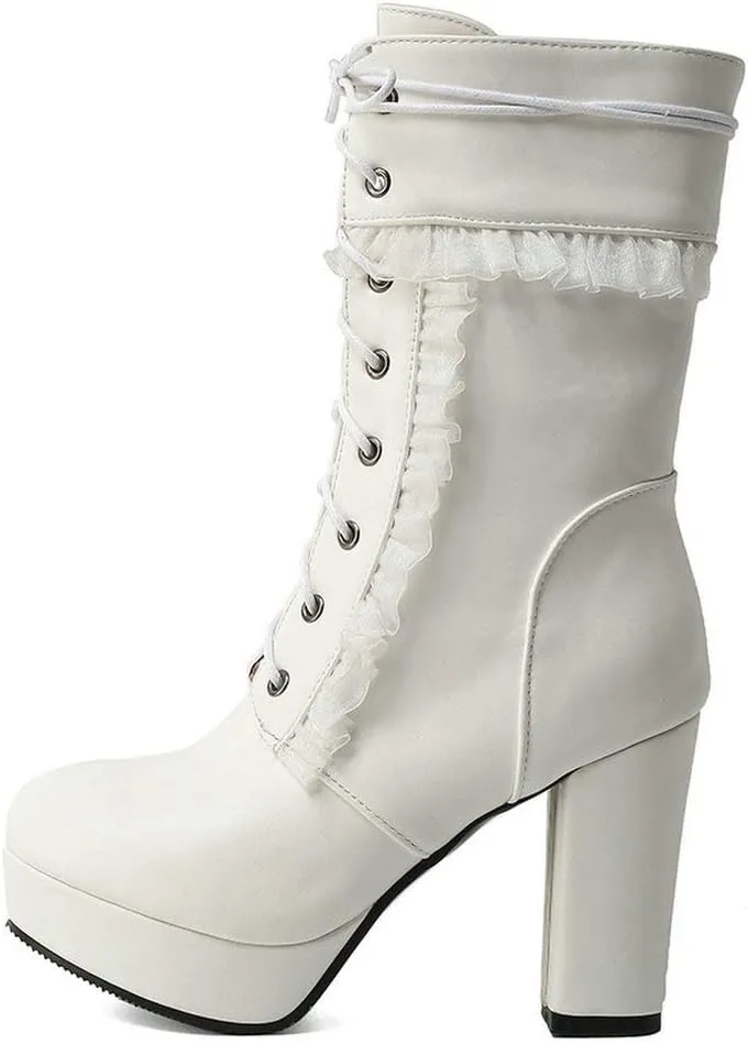 Caradise Womens Lace Up Platform Chunky Heeled Ankle Boots Sweet Lolita Cosplay Shoes