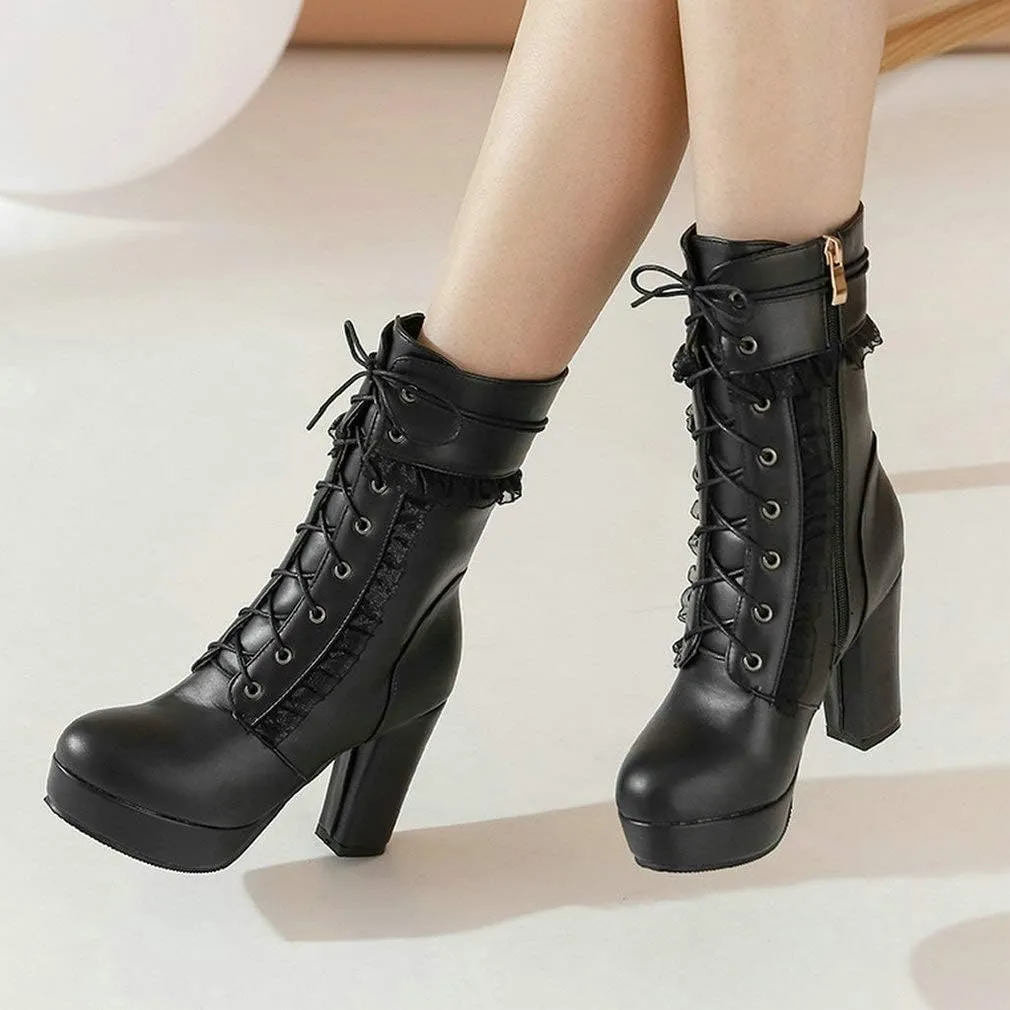 Caradise Womens Lace Up Platform Chunky Heeled Ankle Boots Sweet Lolita Cosplay Shoes