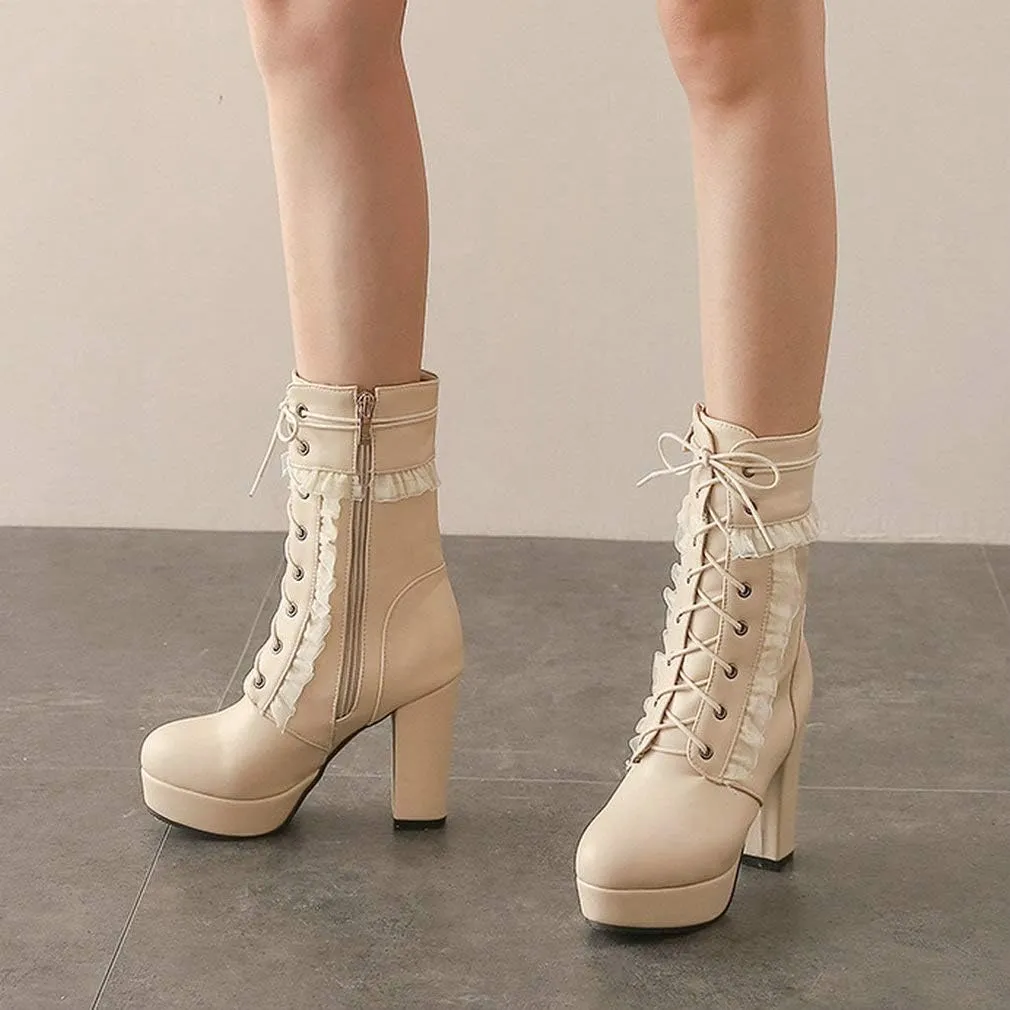 Caradise Womens Lace Up Platform Chunky Heeled Ankle Boots Sweet Lolita Cosplay Shoes