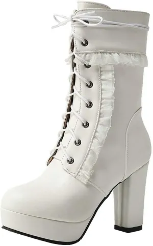 Caradise Womens Lace Up Platform Chunky Heeled Ankle Boots Sweet Lolita Cosplay Shoes
