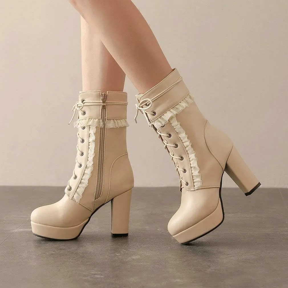 Caradise Womens Lace Up Platform Chunky Heeled Ankle Boots Sweet Lolita Cosplay Shoes