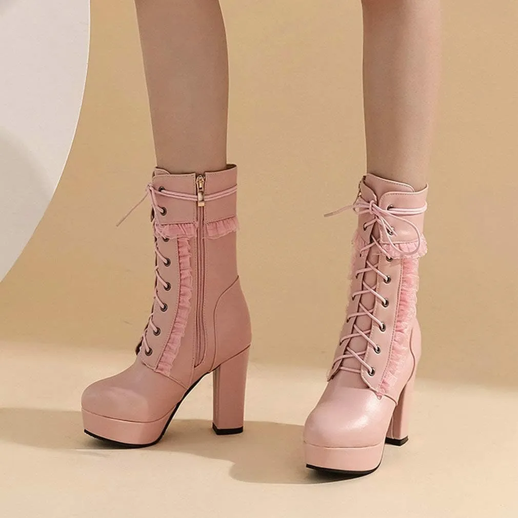 Caradise Womens Lace Up Platform Chunky Heeled Ankle Boots Sweet Lolita Cosplay Shoes