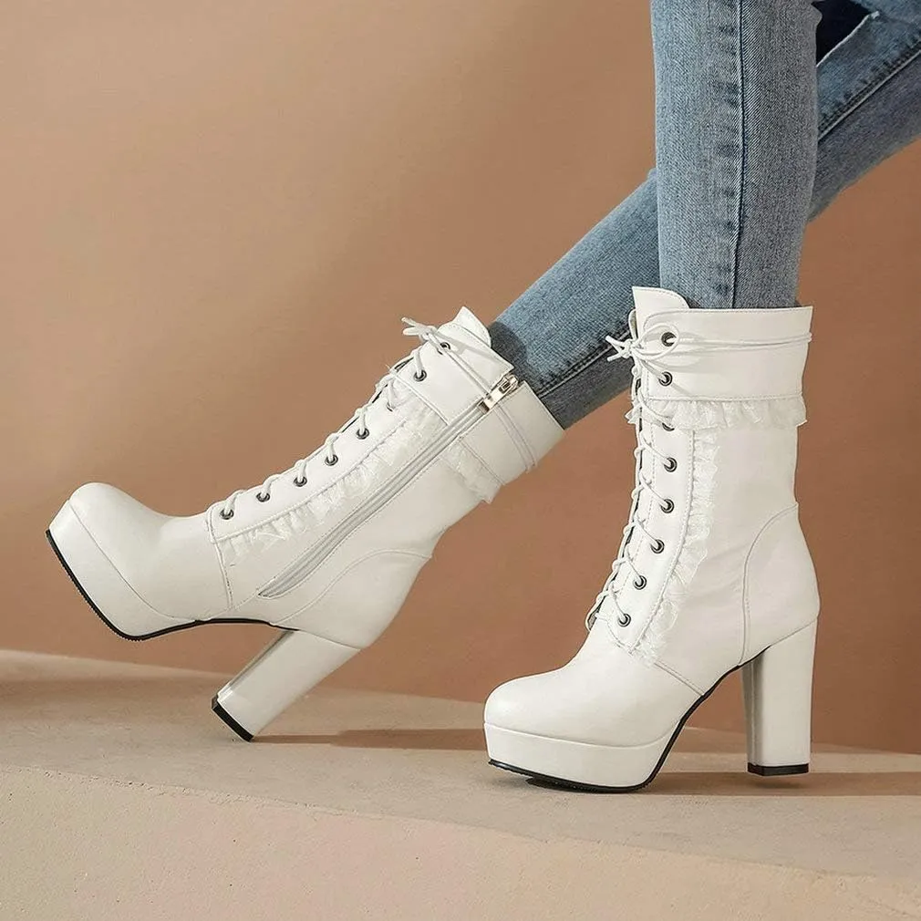 Caradise Womens Lace Up Platform Chunky Heeled Ankle Boots Sweet Lolita Cosplay Shoes