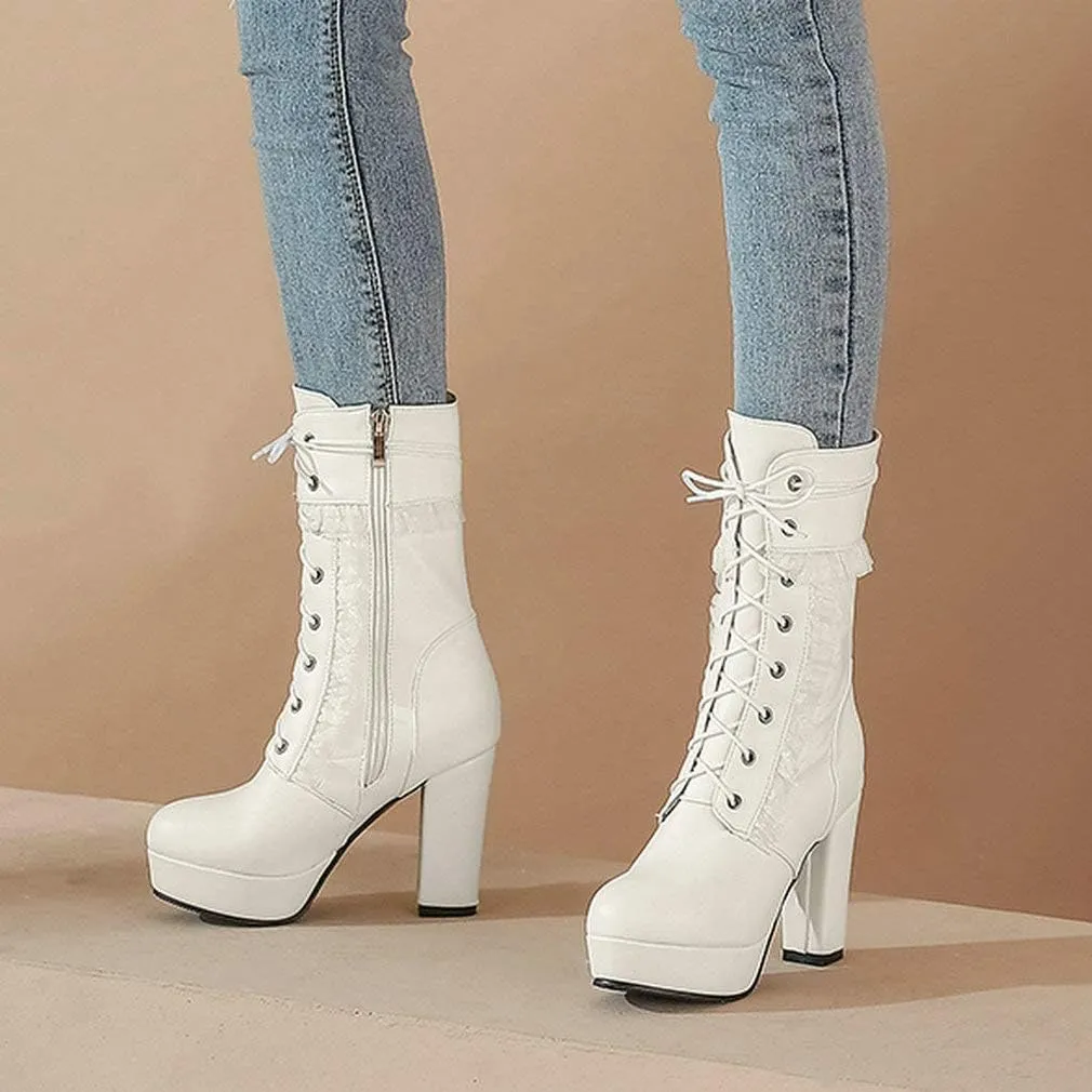 Caradise Womens Lace Up Platform Chunky Heeled Ankle Boots Sweet Lolita Cosplay Shoes