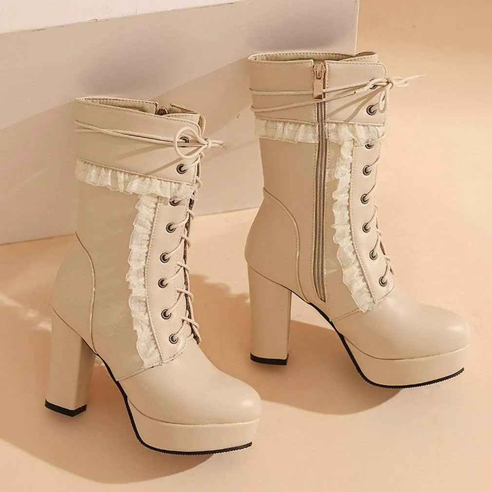 Caradise Womens Lace Up Platform Chunky Heeled Ankle Boots Sweet Lolita Cosplay Shoes