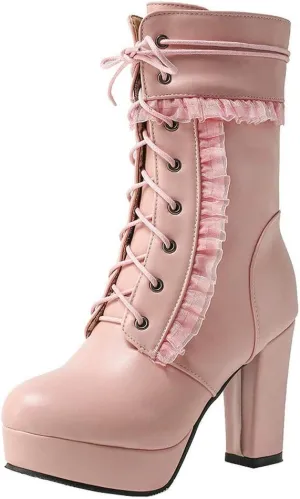 Caradise Womens Lace Up Platform Chunky Heeled Ankle Boots Sweet Lolita Cosplay Shoes