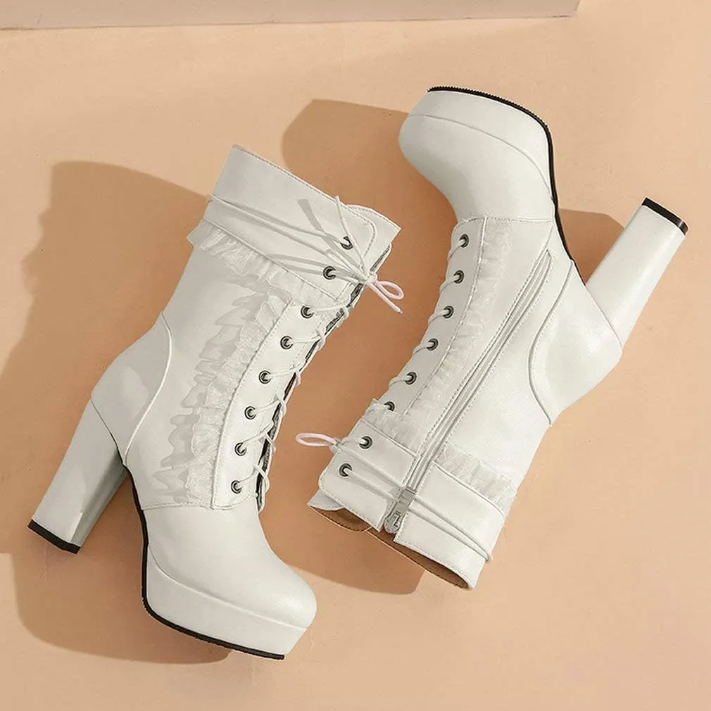 Caradise Womens Lace Up Platform Chunky Heeled Ankle Boots Sweet Lolita Cosplay Shoes