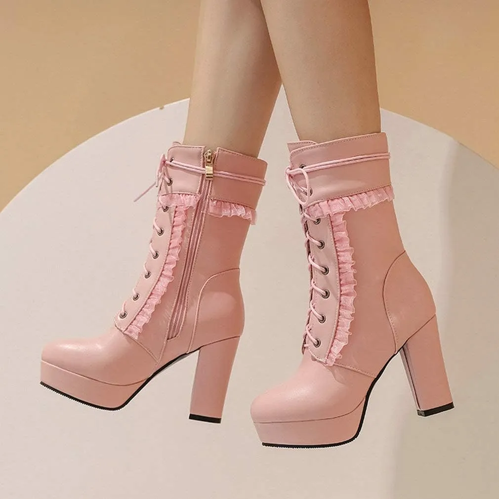 Caradise Womens Lace Up Platform Chunky Heeled Ankle Boots Sweet Lolita Cosplay Shoes