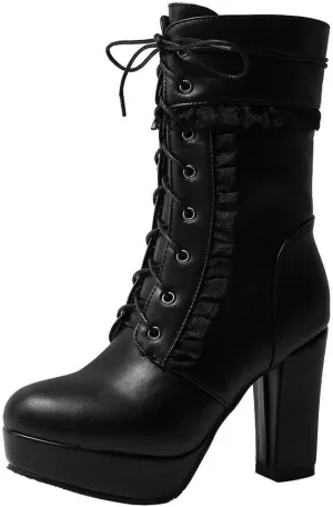 Caradise Womens Lace Up Platform Chunky Heeled Ankle Boots Sweet Lolita Cosplay Shoes
