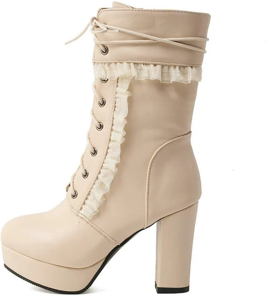 Caradise Womens Lace Up Platform Chunky Heeled Ankle Boots Sweet Lolita Cosplay Shoes