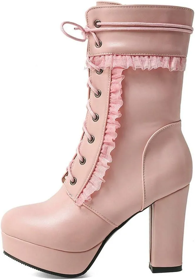 Caradise Womens Lace Up Platform Chunky Heeled Ankle Boots Sweet Lolita Cosplay Shoes