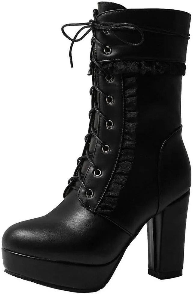 Caradise Womens Lace Up Platform Chunky Heeled Ankle Boots Sweet Lolita Cosplay Shoes