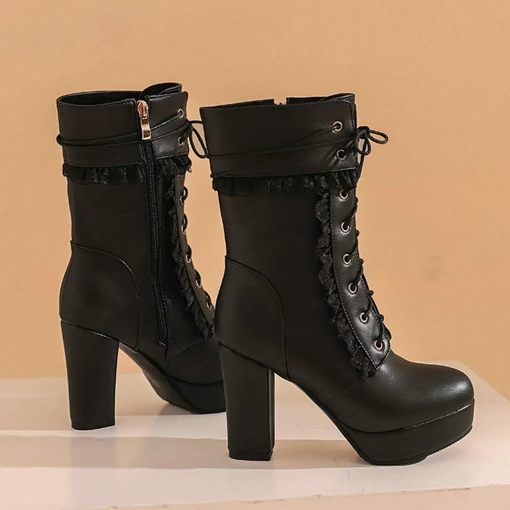 Caradise Womens Lace Up Platform Chunky Heeled Ankle Boots Sweet Lolita Cosplay Shoes
