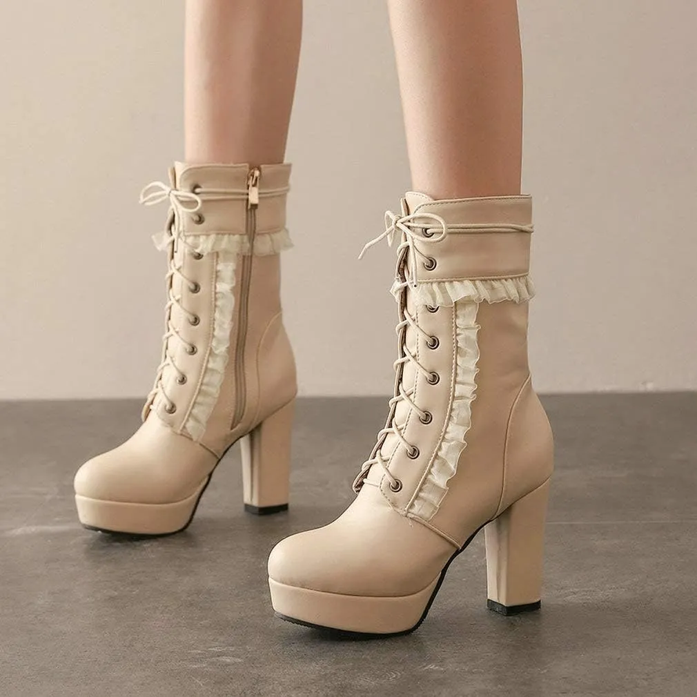 Caradise Womens Lace Up Platform Chunky Heeled Ankle Boots Sweet Lolita Cosplay Shoes