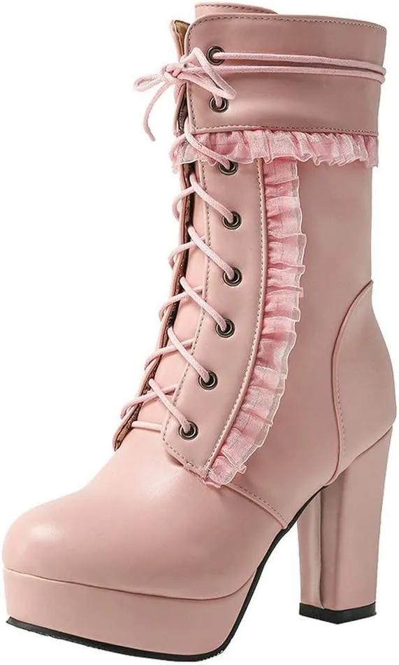 Caradise Womens Lace Up Platform Chunky Heeled Ankle Boots Sweet Lolita Cosplay Shoes