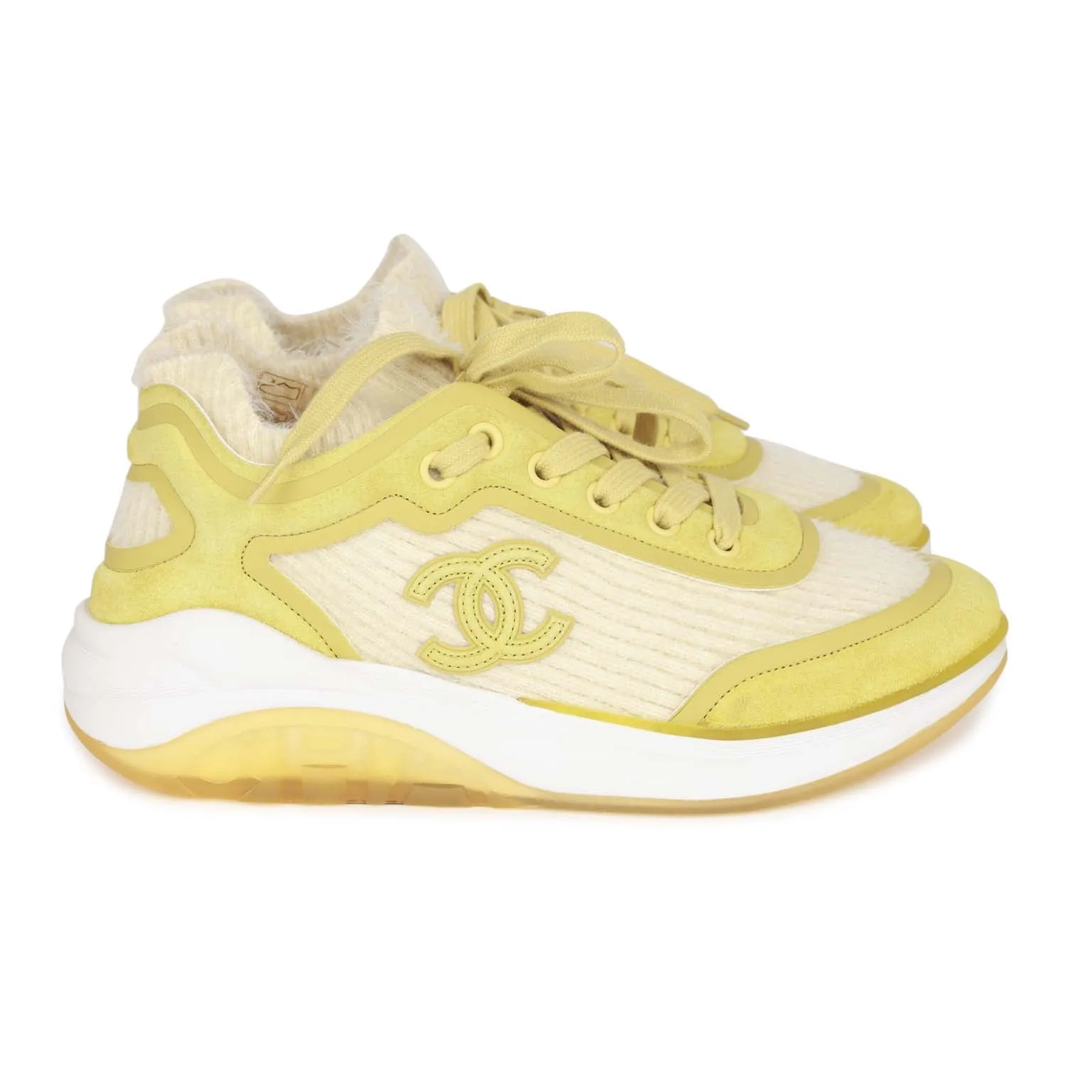 Chanel CC Lowtop Sneakers Off-White Knit and Light Green Suede 35