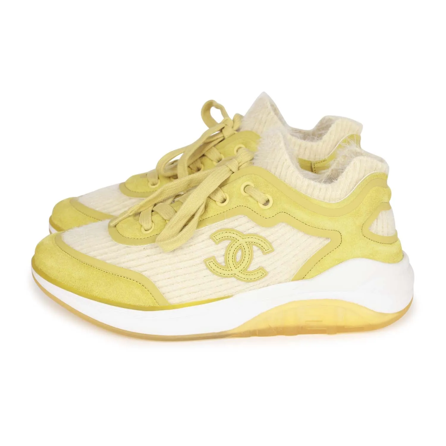 Chanel CC Lowtop Sneakers Off-White Knit and Light Green Suede 35