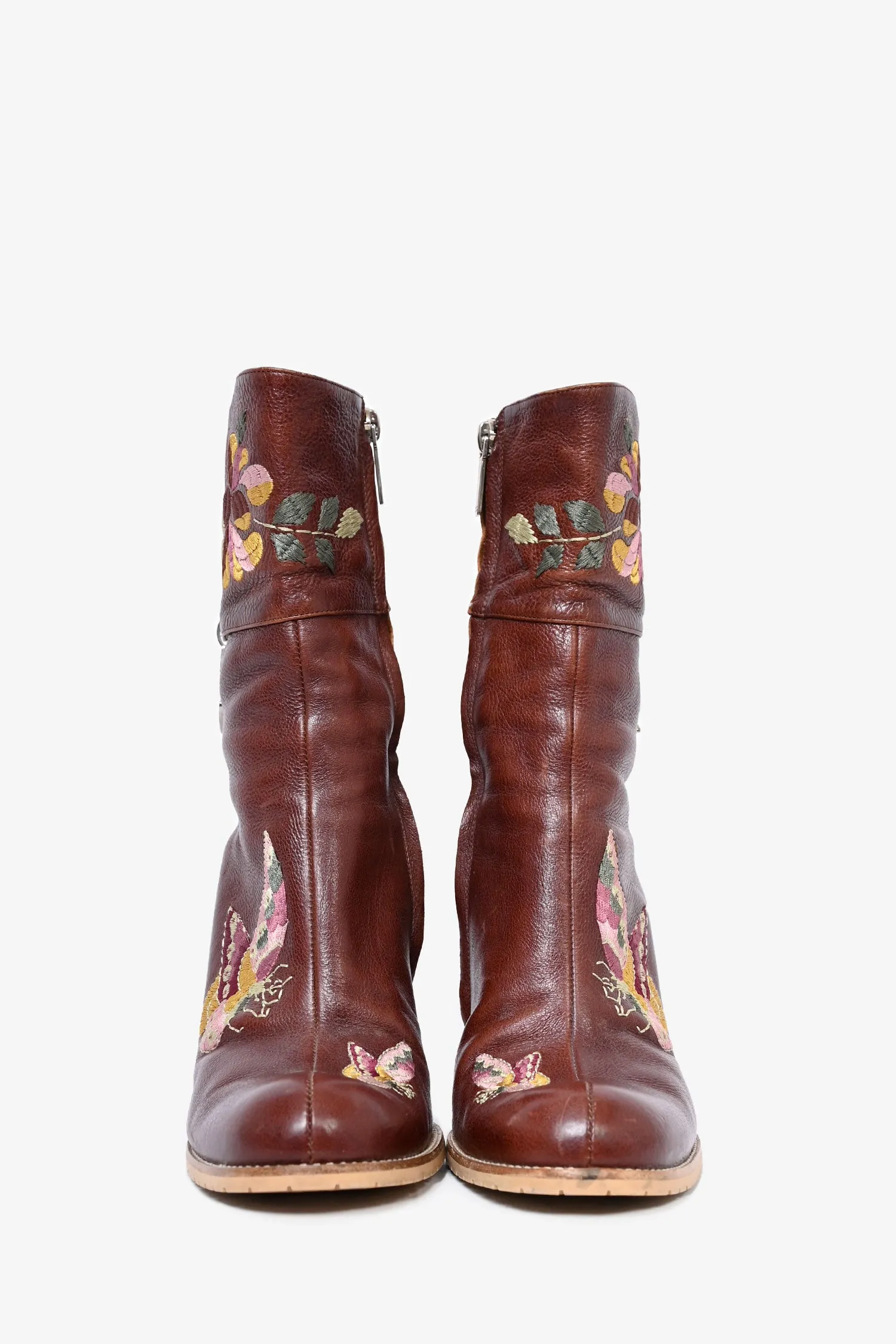 Christian Dior by John Galliano Brown Leather Flower Embroidered Heeled Boots Size 37