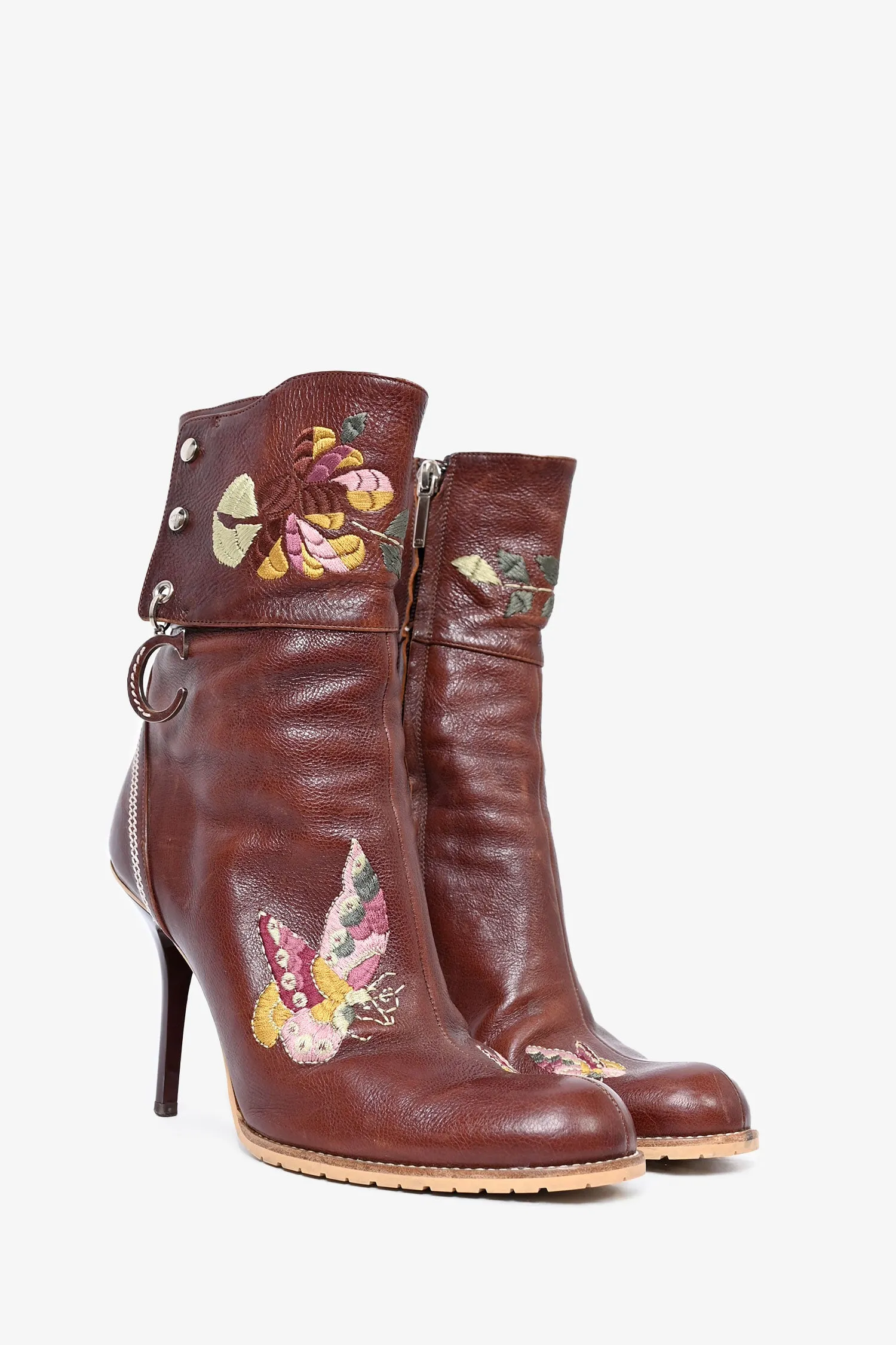 Christian Dior by John Galliano Brown Leather Flower Embroidered Heeled Boots Size 37