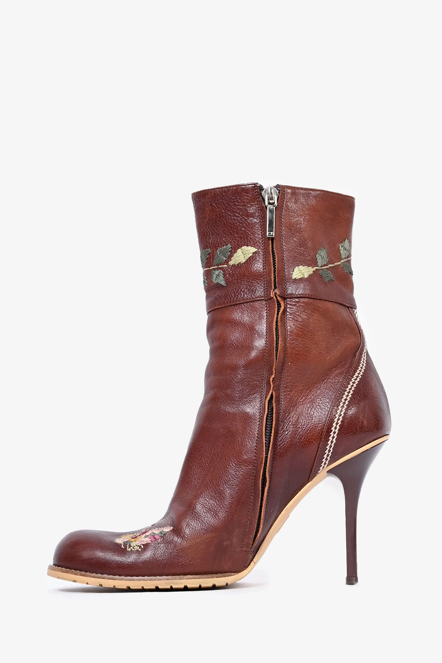 Christian Dior by John Galliano Brown Leather Flower Embroidered Heeled Boots Size 37