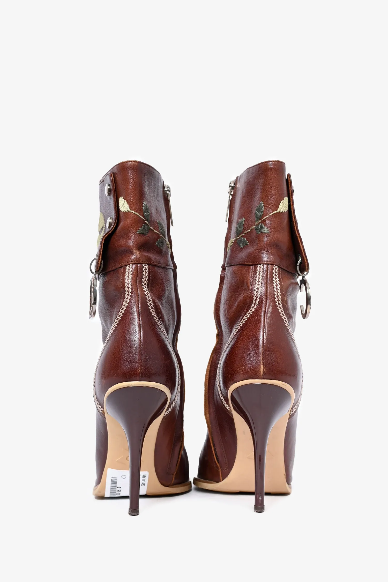 Christian Dior by John Galliano Brown Leather Flower Embroidered Heeled Boots Size 37