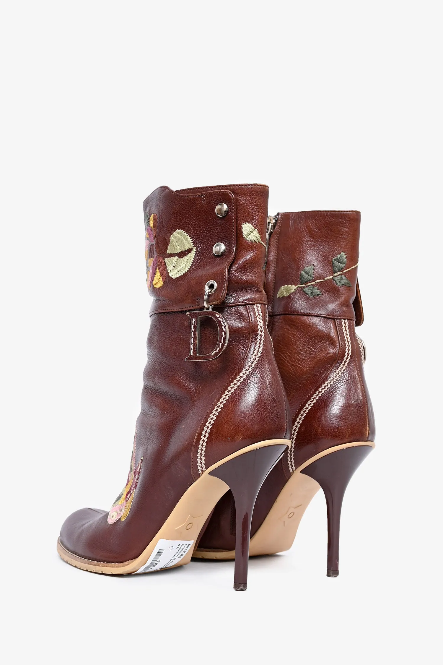 Christian Dior by John Galliano Brown Leather Flower Embroidered Heeled Boots Size 37