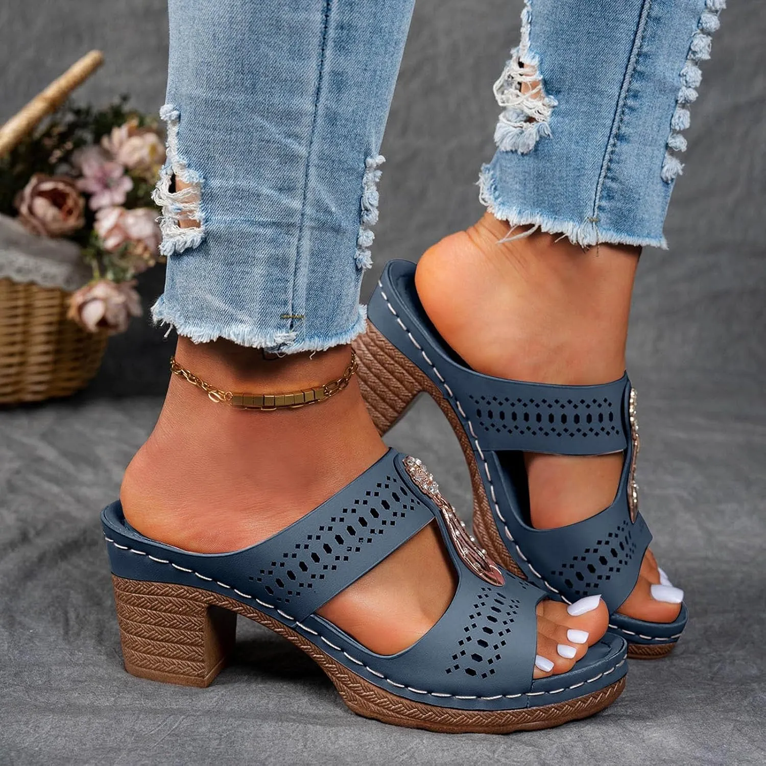 Chunky Heel for Women Sandals Comfortable Dressy High Chunky Block Open Toe Slip On Slide Heels Mules Metal Ring Dress Shoes Women Comfortable Cute Fashion Trendy Heeled Sandals