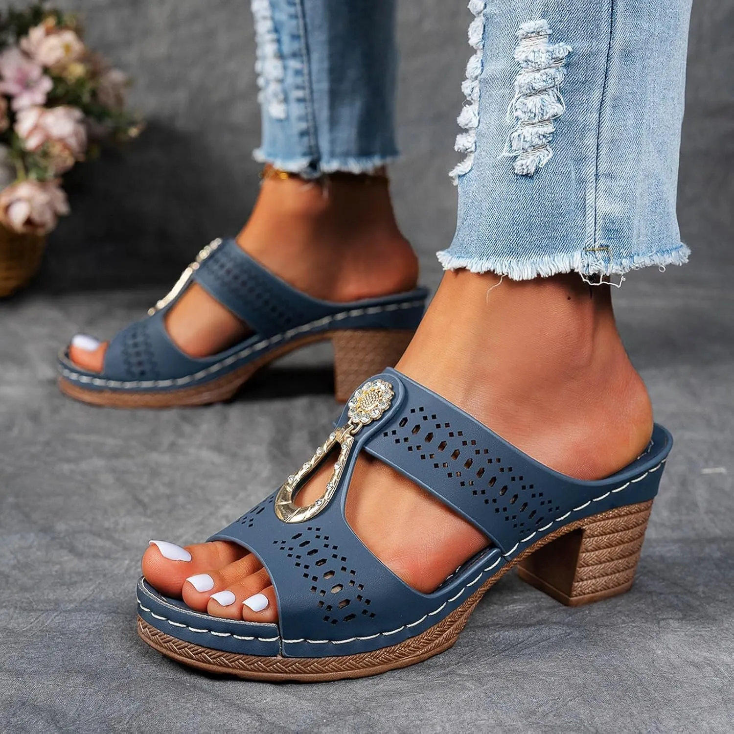 Chunky Heel for Women Sandals Comfortable Dressy High Chunky Block Open Toe Slip On Slide Heels Mules Metal Ring Dress Shoes Women Comfortable Cute Fashion Trendy Heeled Sandals
