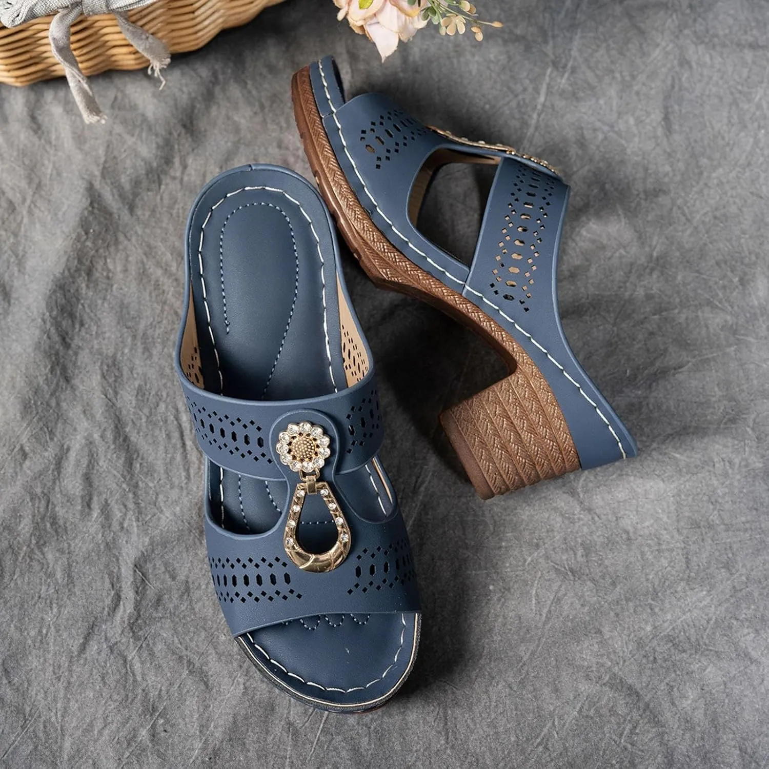 Chunky Heel for Women Sandals Comfortable Dressy High Chunky Block Open Toe Slip On Slide Heels Mules Metal Ring Dress Shoes Women Comfortable Cute Fashion Trendy Heeled Sandals