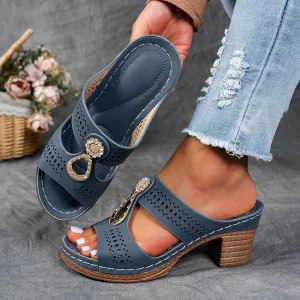 Chunky Heel for Women Sandals Comfortable Dressy High Chunky Block Open Toe Slip On Slide Heels Mules Metal Ring Dress Shoes Women Comfortable Cute Fashion Trendy Heeled Sandals