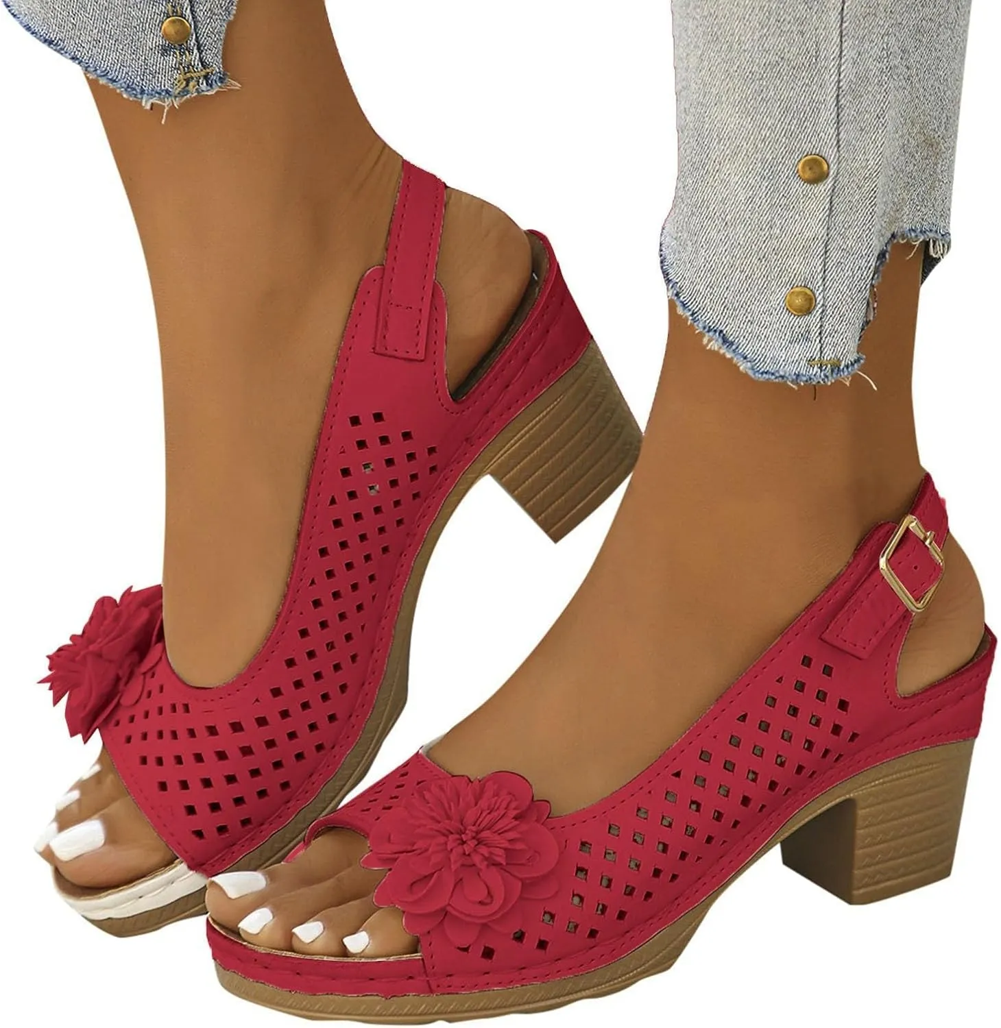 Chunky Heel Sandals for Women Chunky Low Heels Dressy Fish Mouth Flowers Heels Summer Casual Ankle Strap Hollow Out Platform Espadrilles Wedge Sandals Y2k Trendy Comfortable