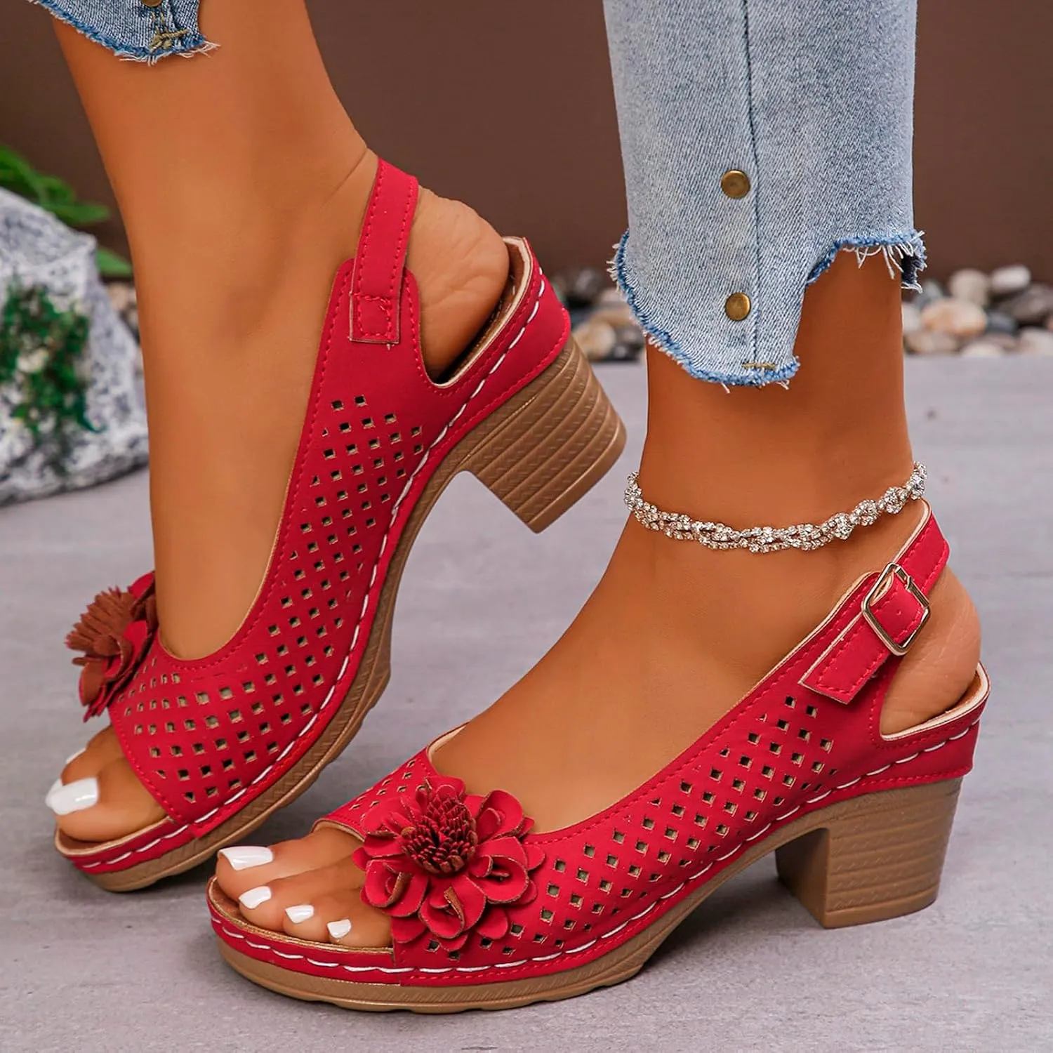 Chunky Heel Sandals for Women Chunky Low Heels Dressy Fish Mouth Flowers Heels Summer Casual Ankle Strap Hollow Out Platform Espadrilles Wedge Sandals Y2k Trendy Comfortable