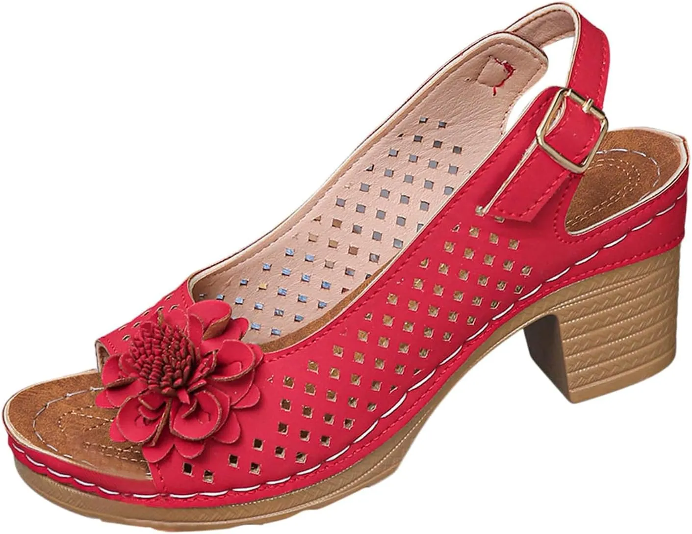 Chunky Heel Sandals for Women Chunky Low Heels Dressy Fish Mouth Flowers Heels Summer Casual Ankle Strap Hollow Out Platform Espadrilles Wedge Sandals Y2k Trendy Comfortable