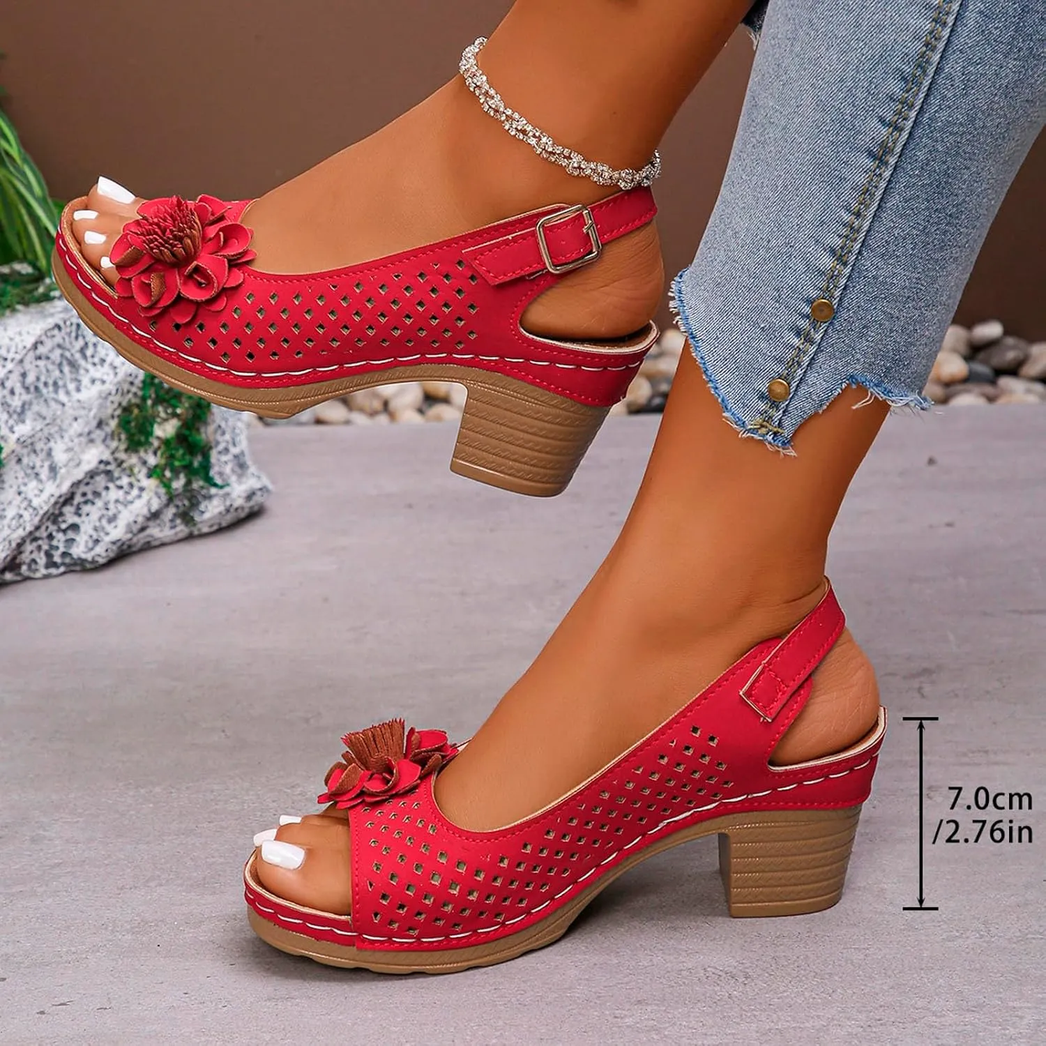 Chunky Heel Sandals for Women Chunky Low Heels Dressy Fish Mouth Flowers Heels Summer Casual Ankle Strap Hollow Out Platform Espadrilles Wedge Sandals Y2k Trendy Comfortable