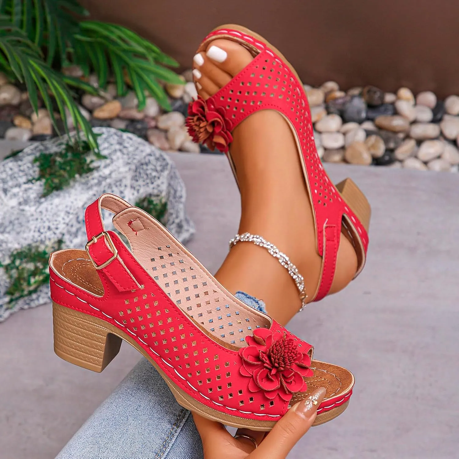 Chunky Heel Sandals for Women Chunky Low Heels Dressy Fish Mouth Flowers Heels Summer Casual Ankle Strap Hollow Out Platform Espadrilles Wedge Sandals Y2k Trendy Comfortable