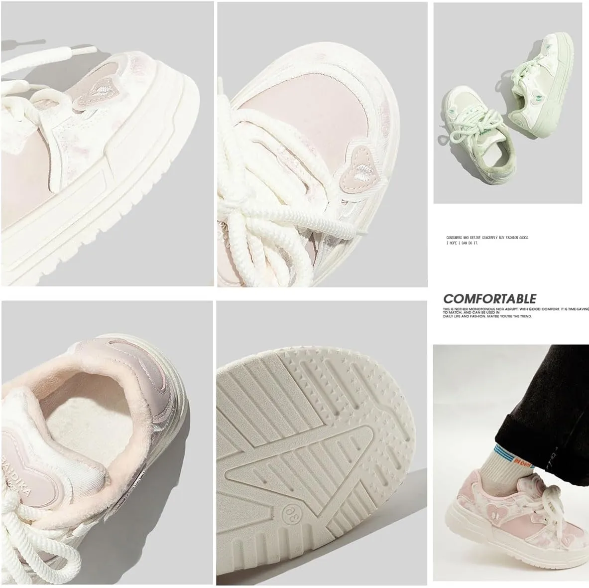 Chunky Platform Sneakers for Women Low-top Heart Skate Shoes Sport, Travel Casual Walking for Students Back to School