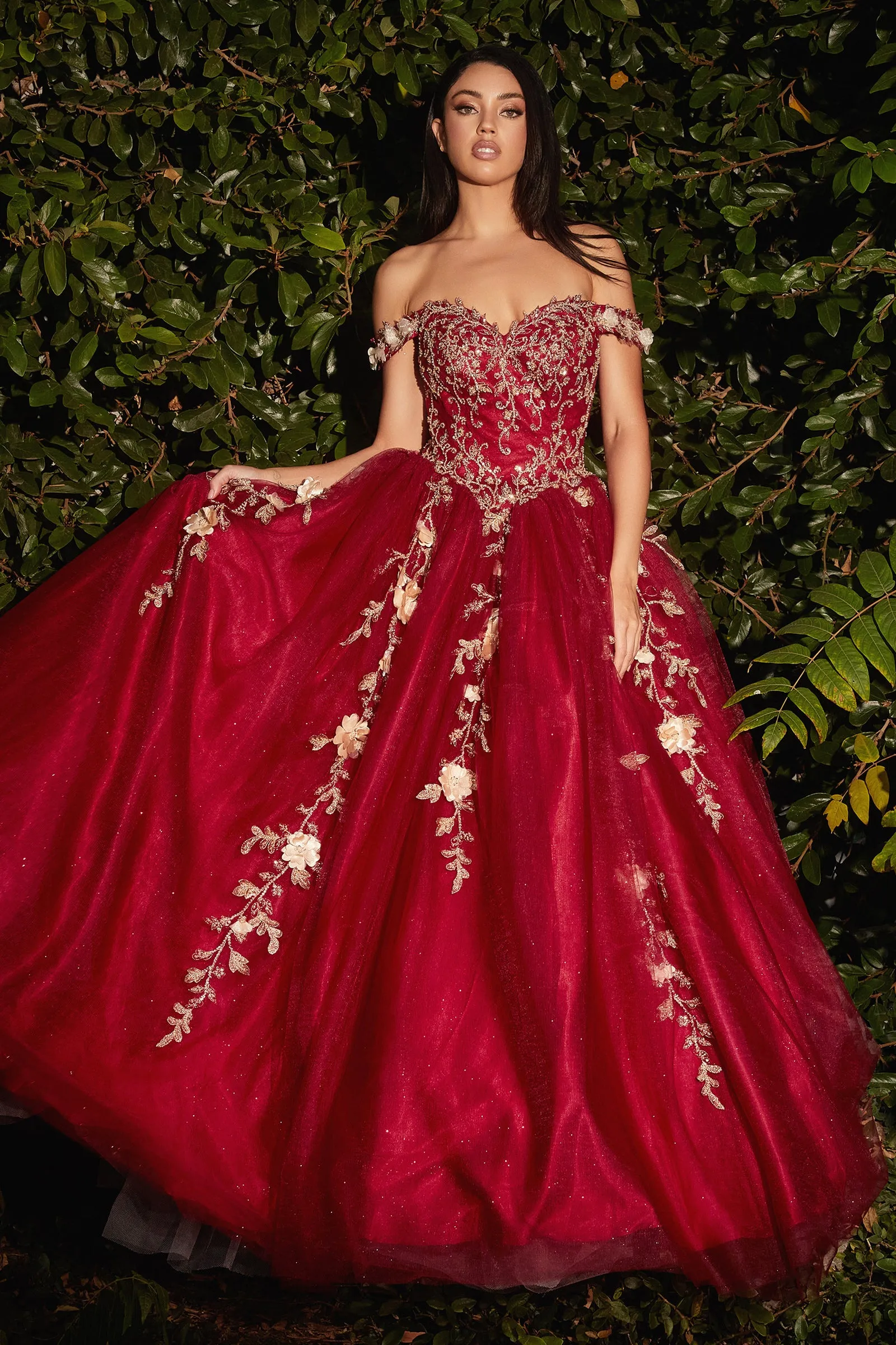 CINDERELLA DIVINE CD0185 3D Floral Layered Off-Shoulder Gown
