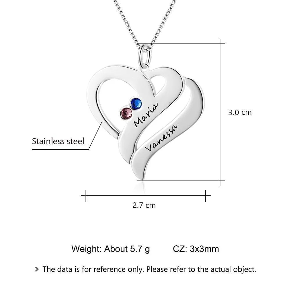 Couples Birthstone Heart Necklace with Engraved Names
