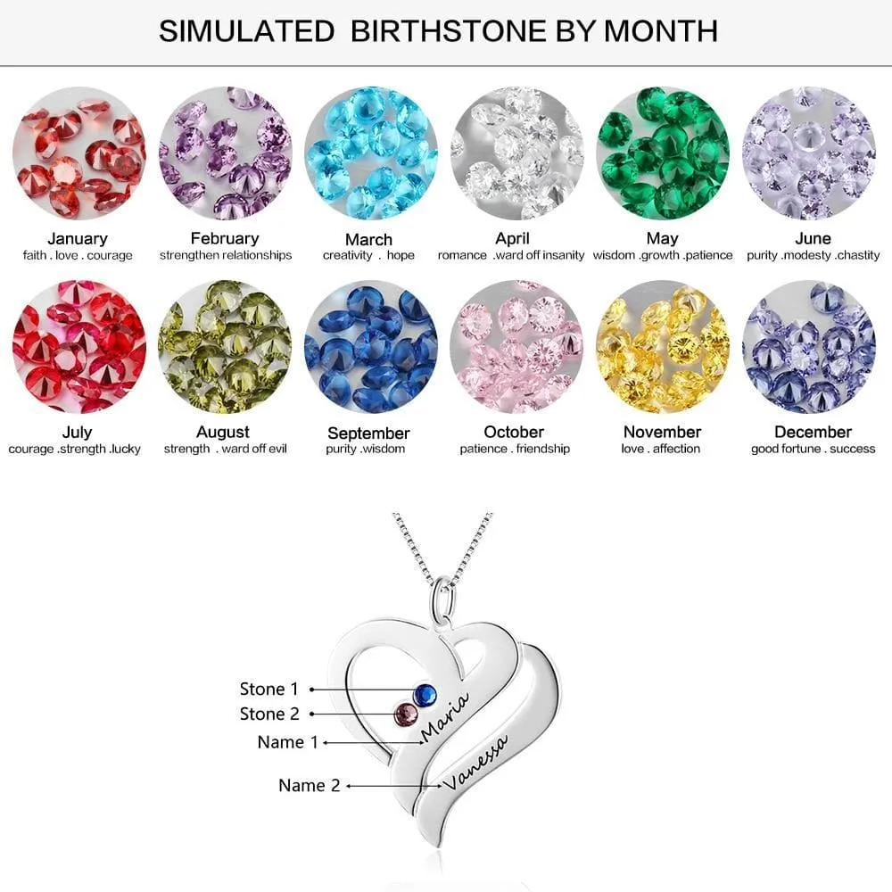 Couples Birthstone Heart Necklace with Engraved Names