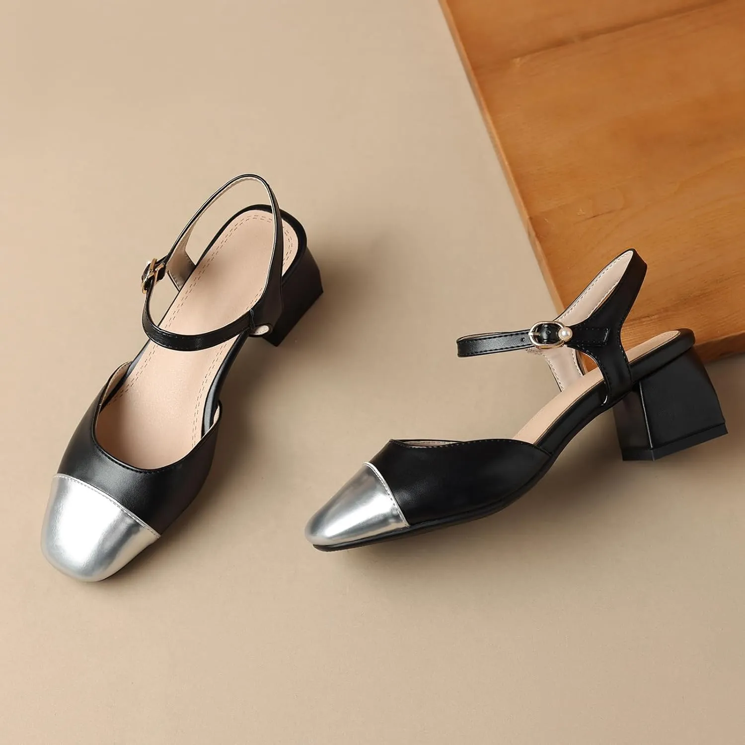 Cozivwaiy Vintage Shoes Two Tone Pumps Open Back Low Heels Dress Shoes Patchwork Pumps Cap Closed Toe Sandals Ankle Strap