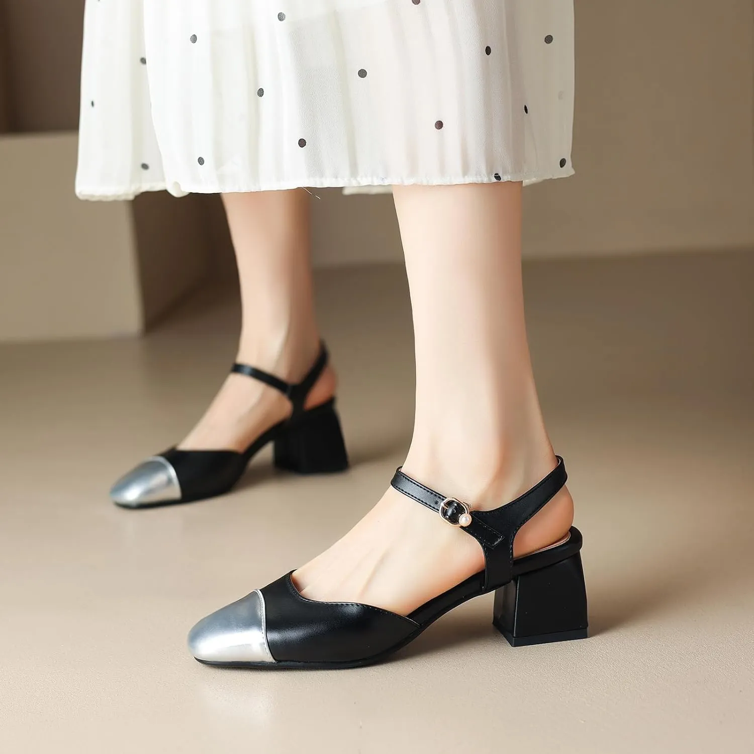 Cozivwaiy Vintage Shoes Two Tone Pumps Open Back Low Heels Dress Shoes Patchwork Pumps Cap Closed Toe Sandals Ankle Strap
